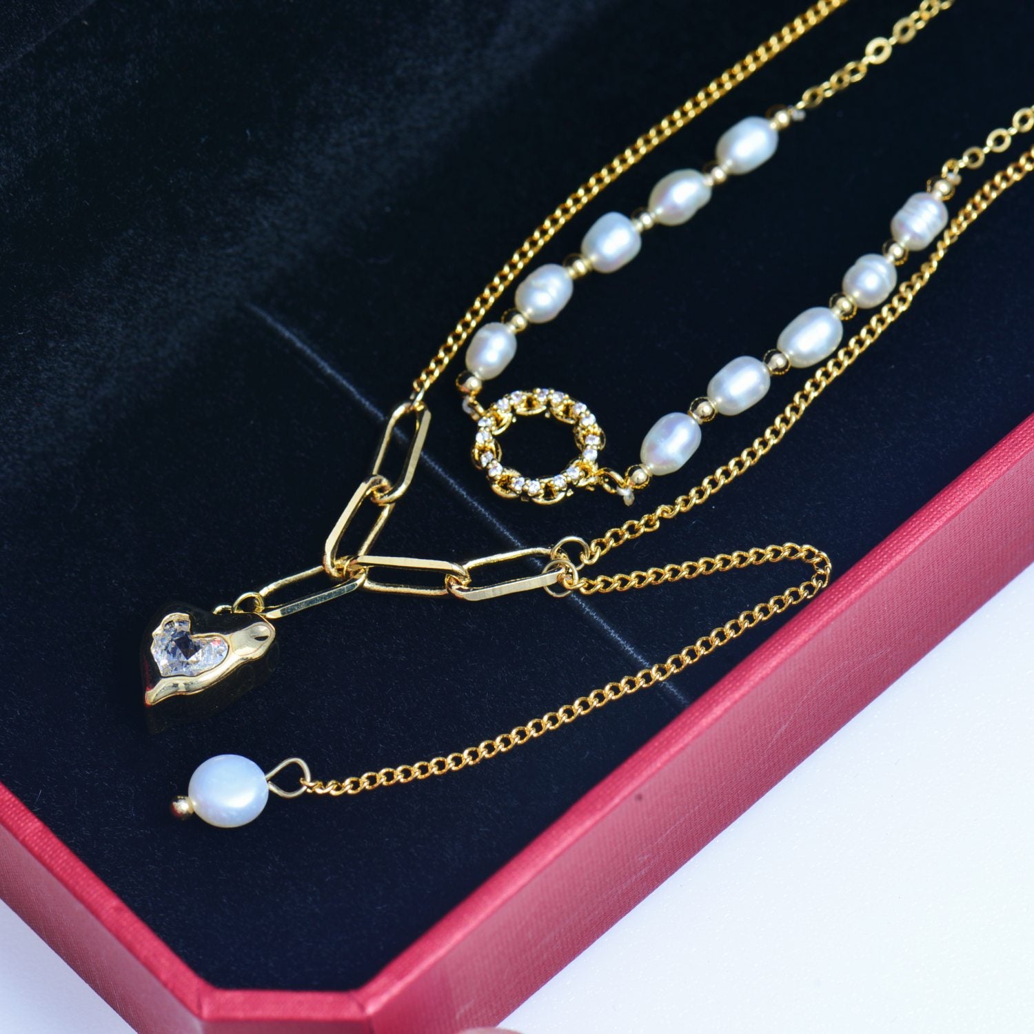 Nature pearl double chain necklace