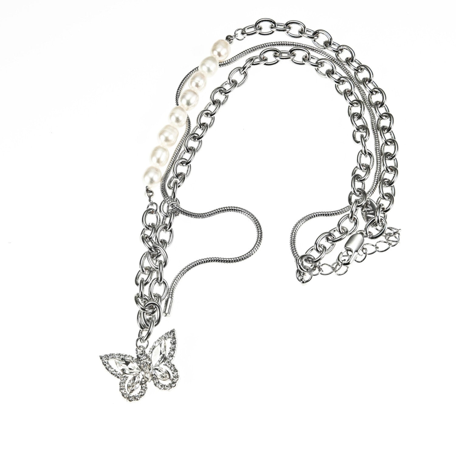 Natural pearl CZ butterfly pendant necklace