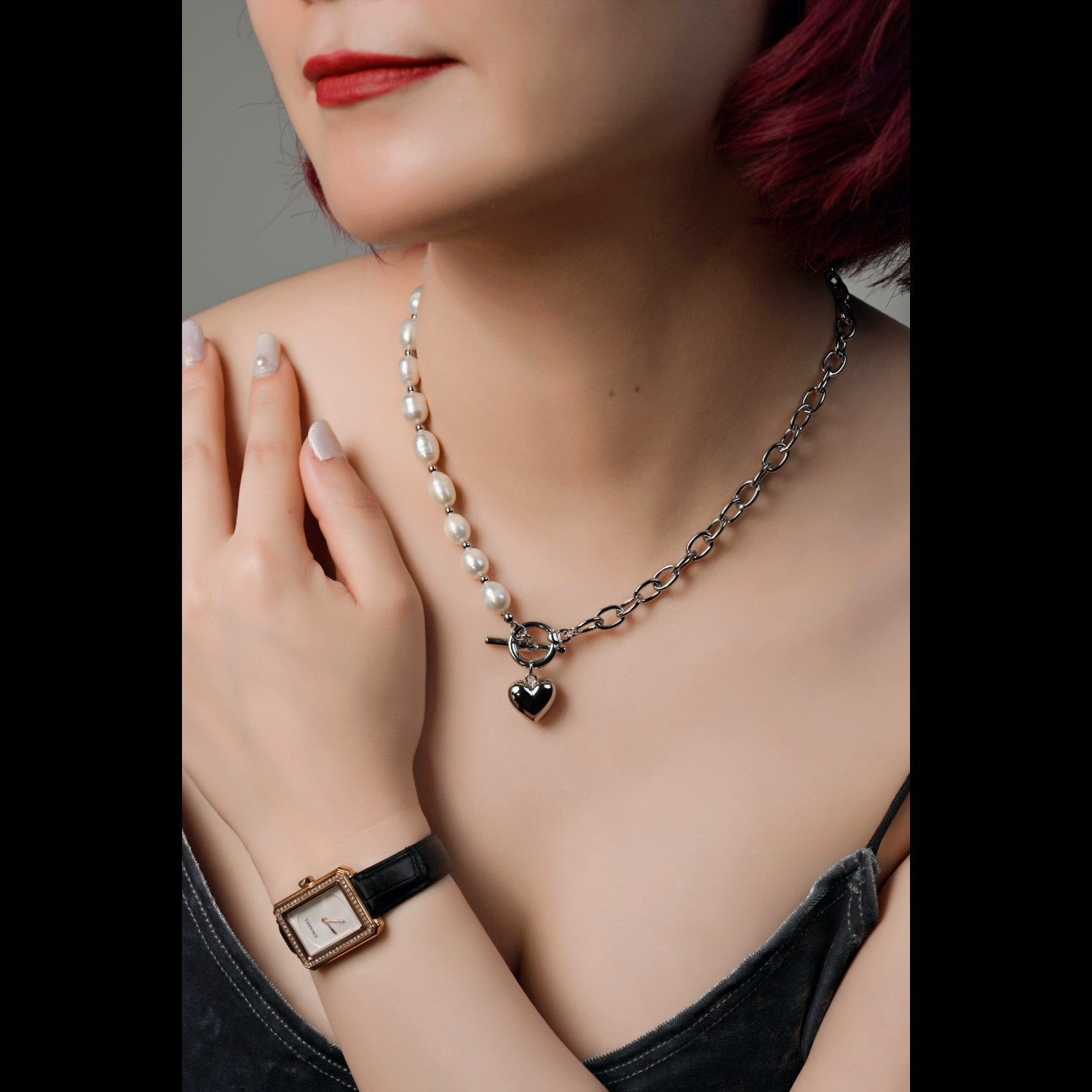 Natural pearl in belcher fob heart necklace