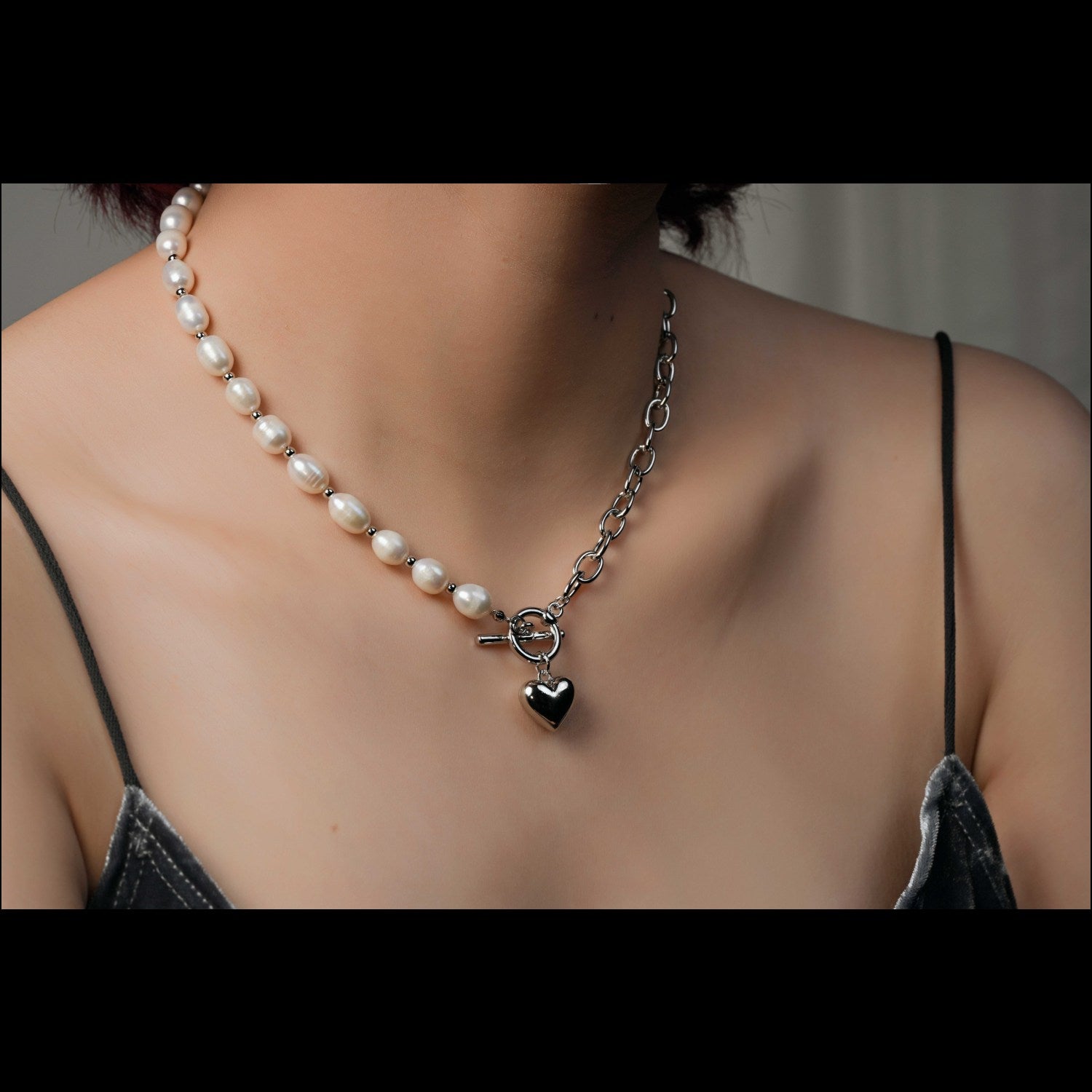 Natural pearl in belcher fob heart necklace