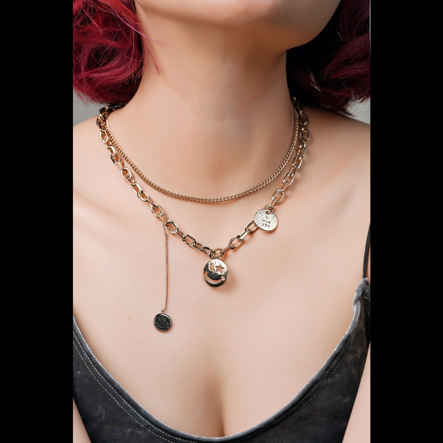 Smiley face double chain necklace