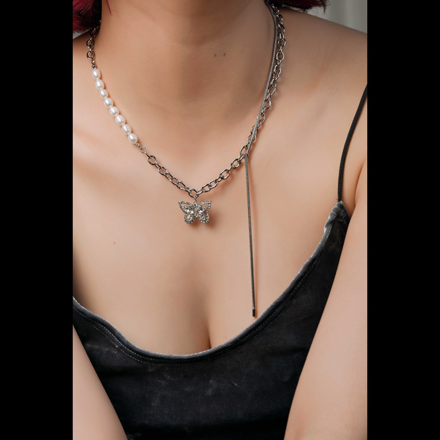 Natural pearl CZ butterfly pendant necklace