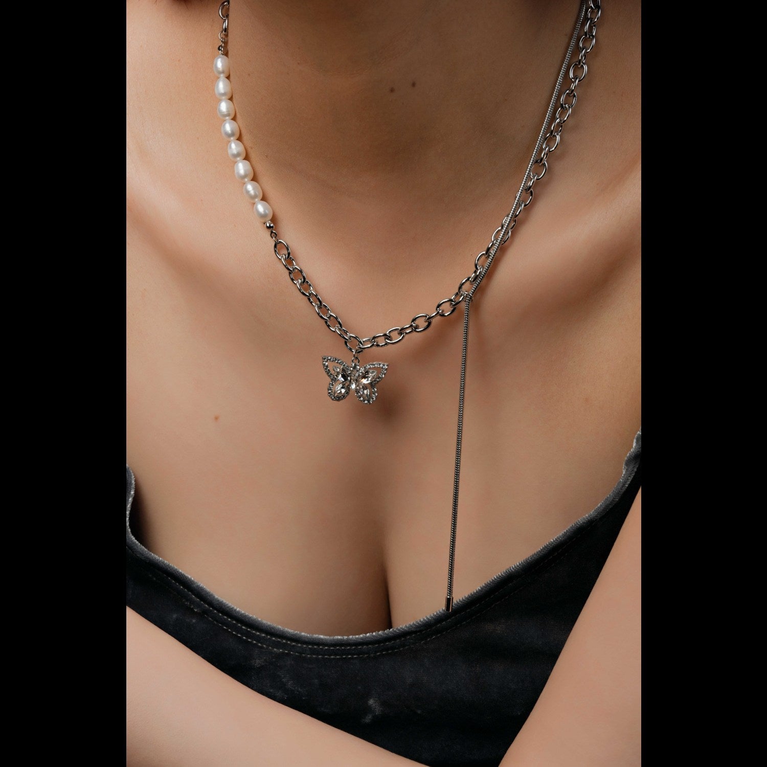 Natural pearl CZ butterfly pendant necklace