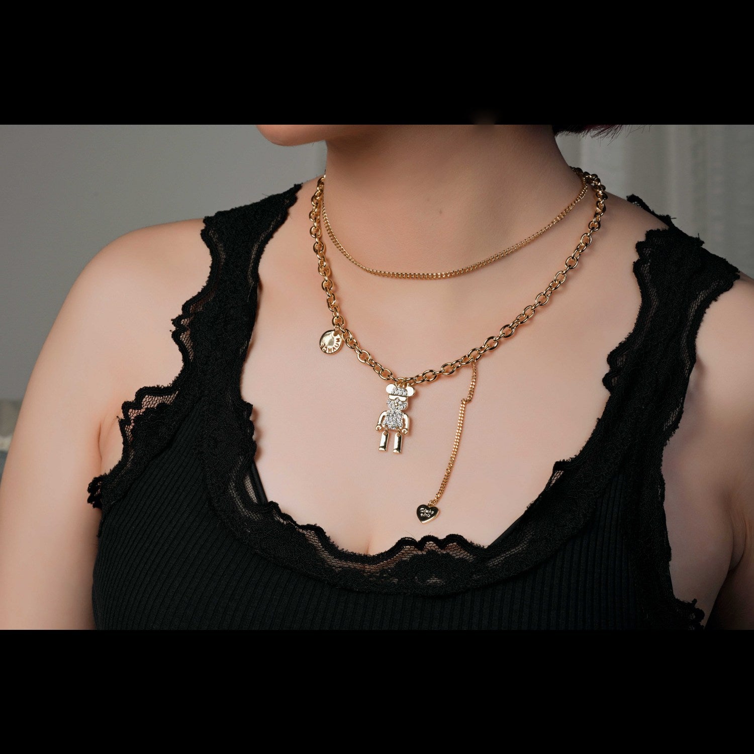 Teddy Bear Pendant Double Necklace