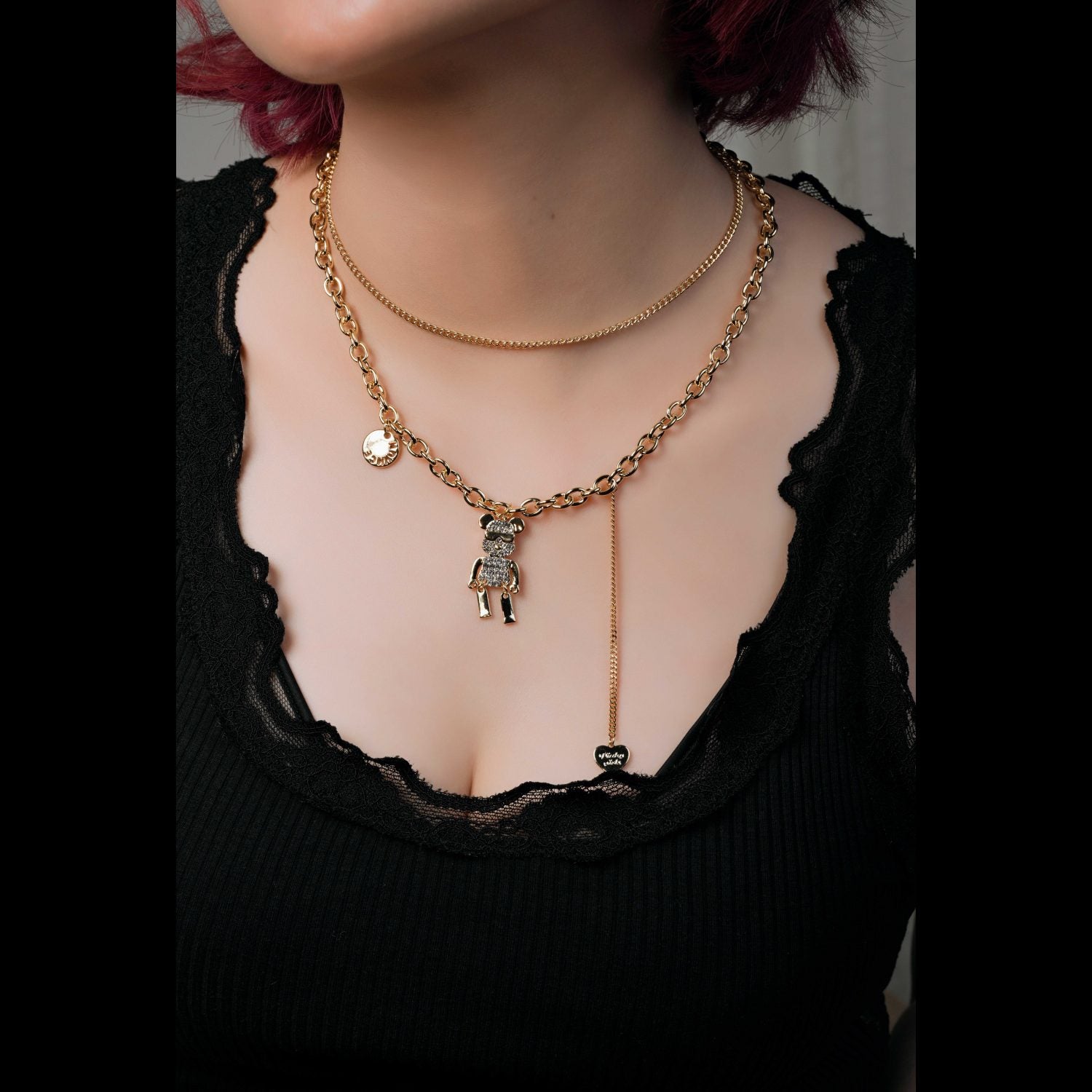 Teddy Bear Pendant Double Necklace