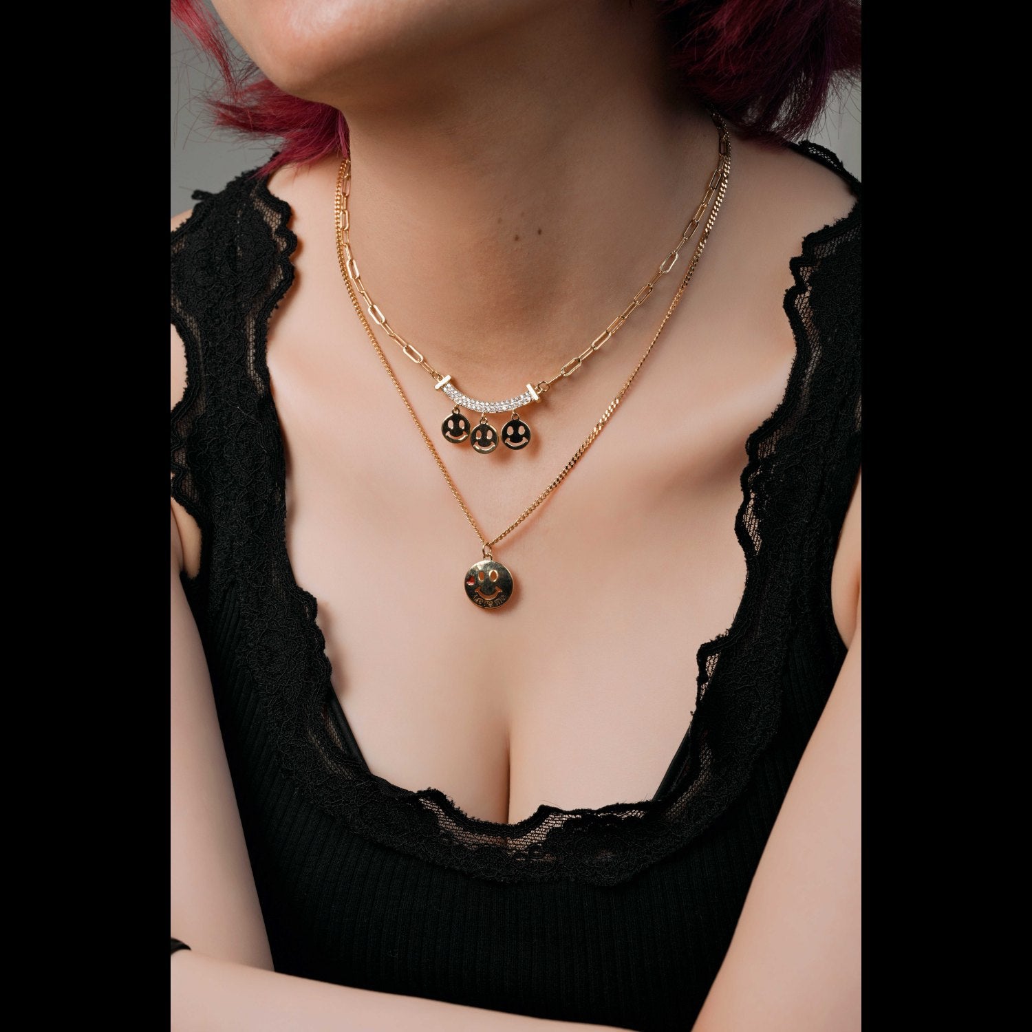 Funky Glitter Smiley Faces Double Necklace 