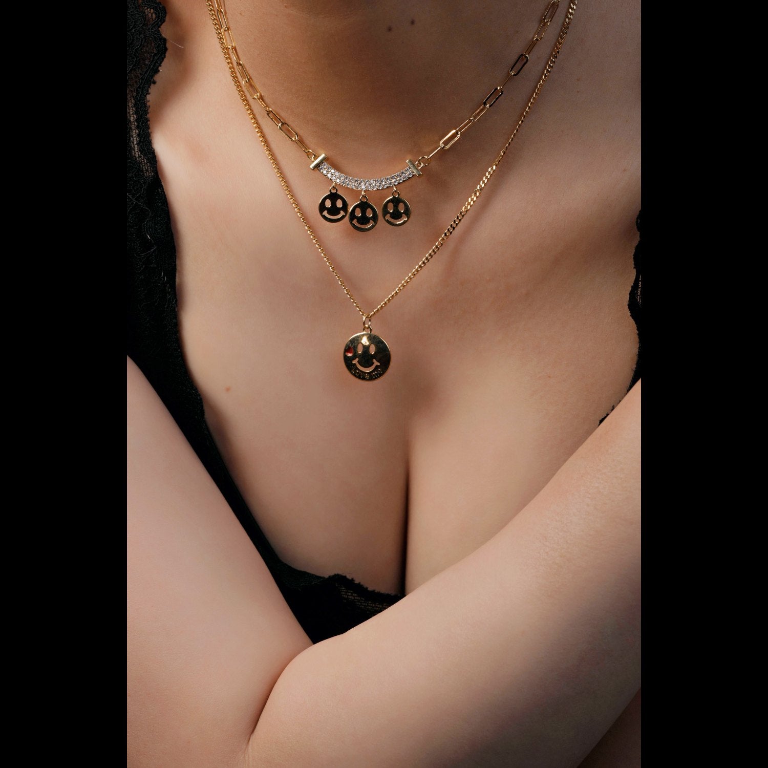 Funky Glitter Smiley Faces Double Necklace 