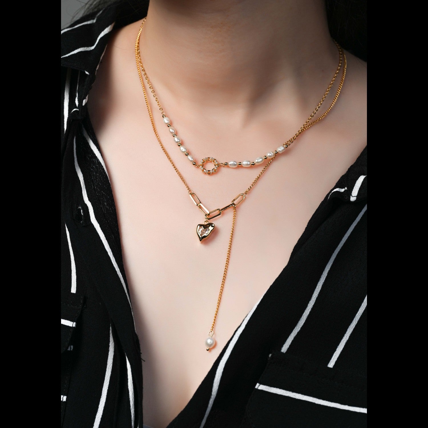 Nature pearl double chain necklace