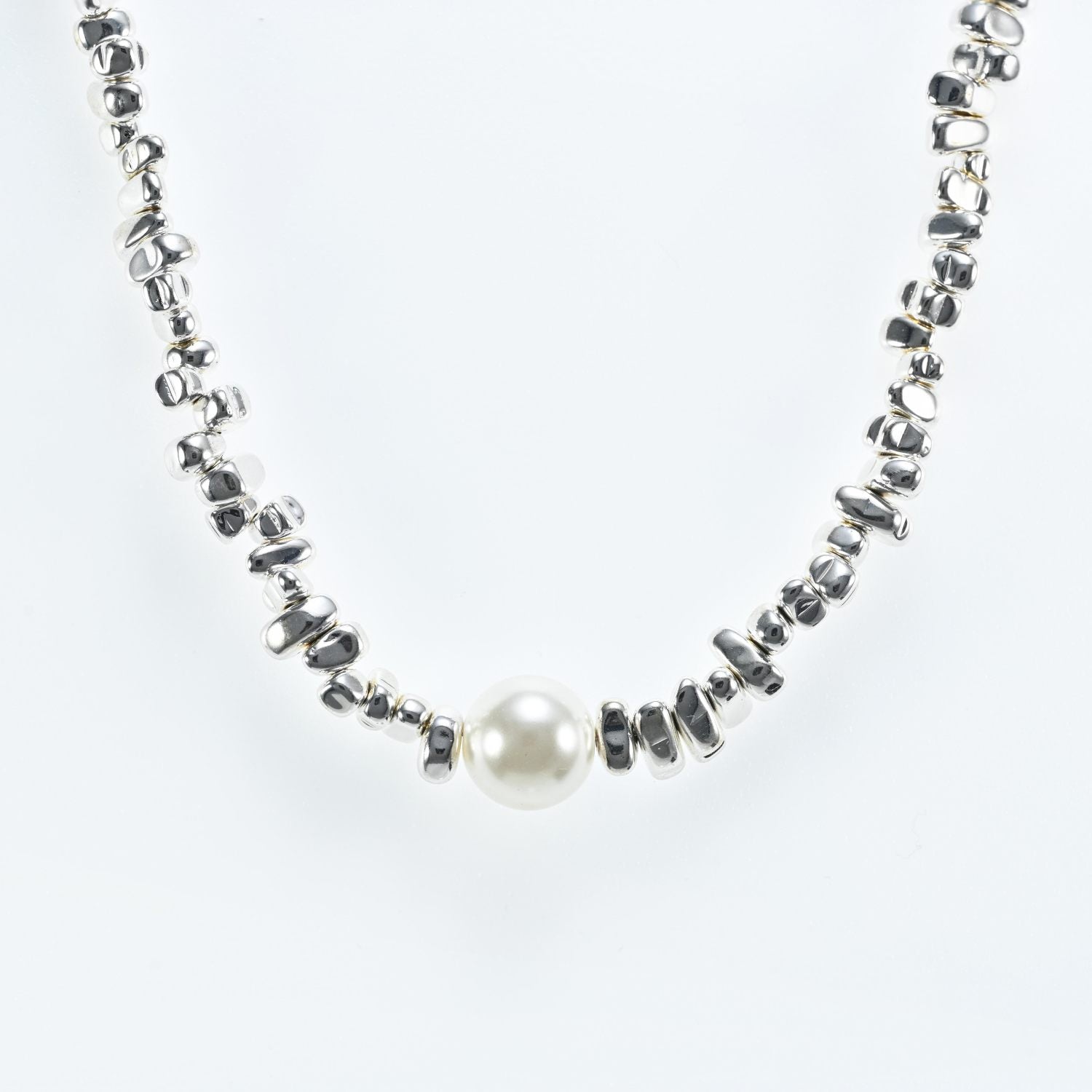 Irregular Silver Stone Pearl Necklace 